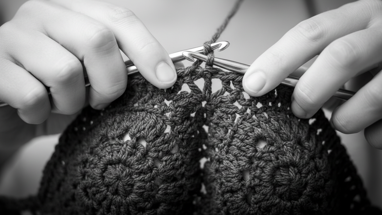 imagen en color blanco inegro manos tejiendo bikini a crochet